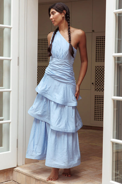 Baby Blue One-Shoulder Ruched Tiered Maxi Evening Dress