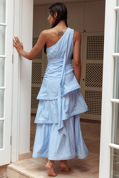 Baby Blue One-Shoulder Ruched Tiered Maxi Evening Dress