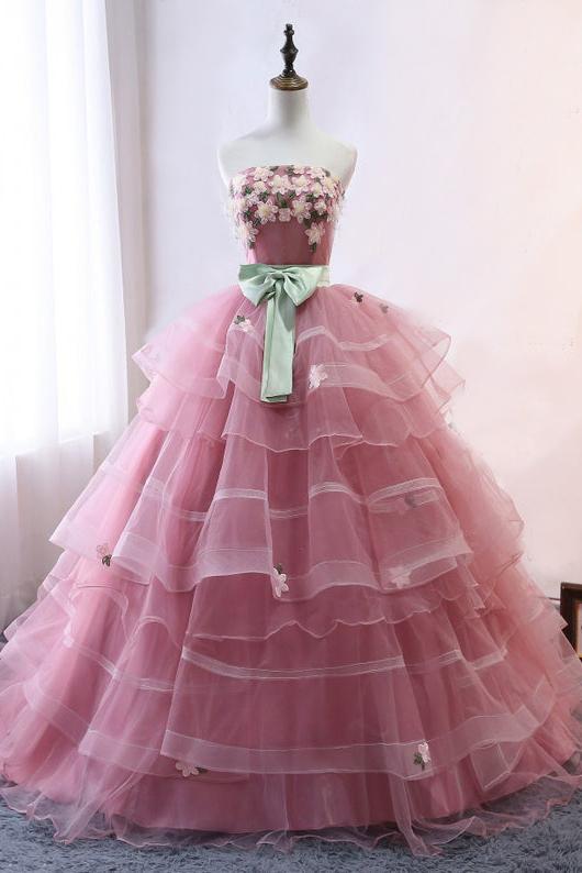 Elegant pink sheer long ball dress without shoulder straps and straps