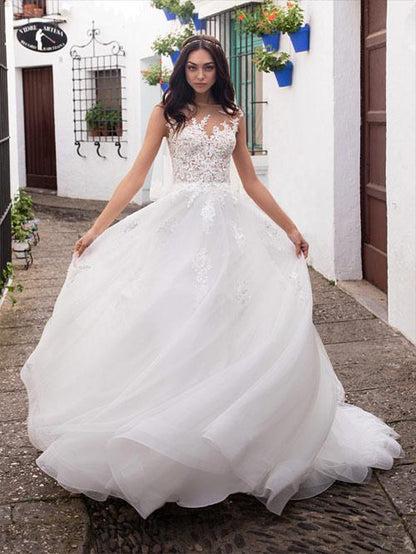 Elegant ball dress sleeveless sheer backless beach floral wedding dress