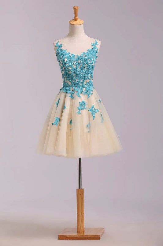 Beautiful A-line dress with short mini style embellished with floral chiffon