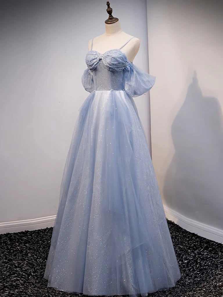 A-Line Off Shoulder Tulle Gray Blue Long Prom Dress Gray Blue Long Formal Dress