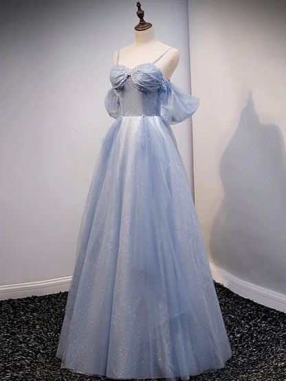 A-Line Off Shoulder Tulle Gray Blue Long Prom Dress Gray Blue Long Formal Dress