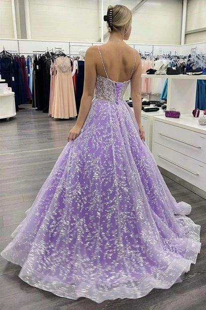Beautiful A-line Italian Noodle Strap Sweetheart Collar Purple sheer rhinestone ball dress