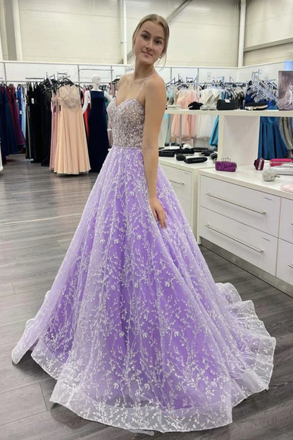 Beautiful A-line Italian Noodle Strap Sweetheart Collar Purple sheer rhinestone ball dress