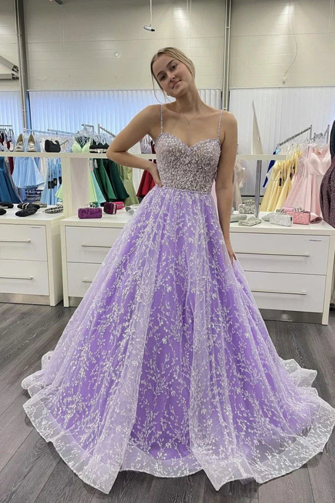 Beautiful A-line Italian Noodle Strap Sweetheart Collar Purple sheer rhinestone ball dress