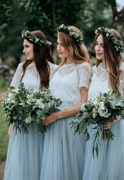 Beautiful simple sheer and lace long bridesmaid dress