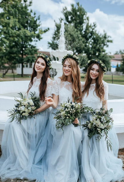 Beautiful simple sheer and lace long bridesmaid dress