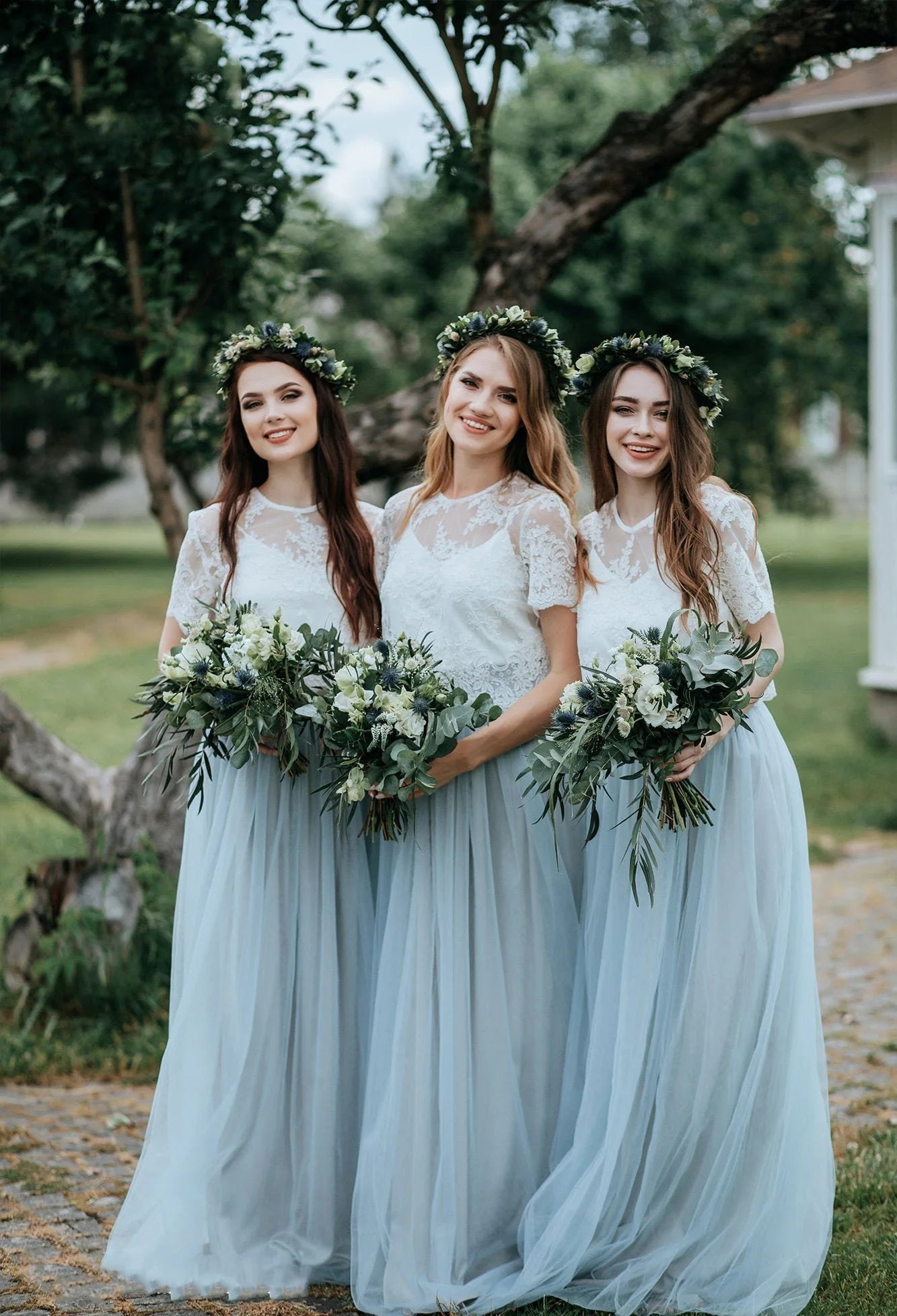 Beautiful simple sheer and lace long bridesmaid dress