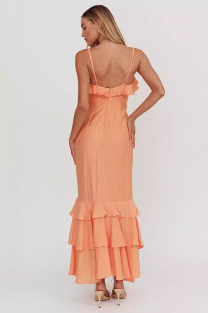 Beautiful adjustable camisole lining with ruffle details, front slit and back with zipper Prom Dresses