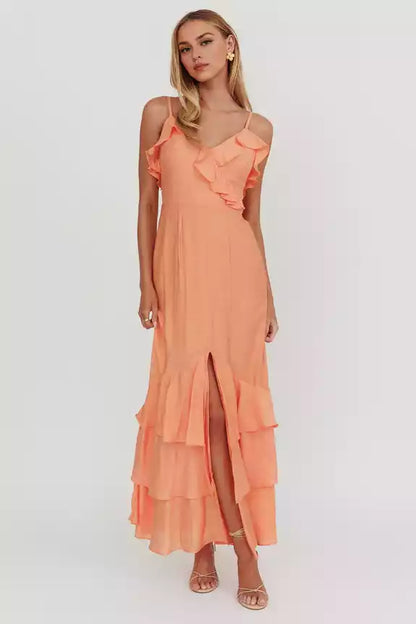 Beautiful adjustable camisole lining with ruffle details, front slit and back with zipper Prom Dresses