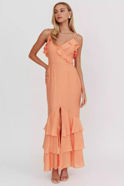 Beautiful adjustable camisole lining with ruffle details, front slit and back with zipper Prom Dresses