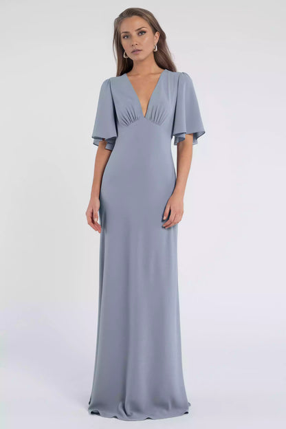 Beautiful deep V-neck chest pleats, angled high waist, fully lined back, mid zip Bridesmaid Dresses