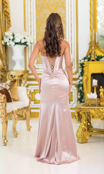 Beautifully stunning deep V-neck embroidered tight corset with lace up backless hem and side slits Prom Dresses