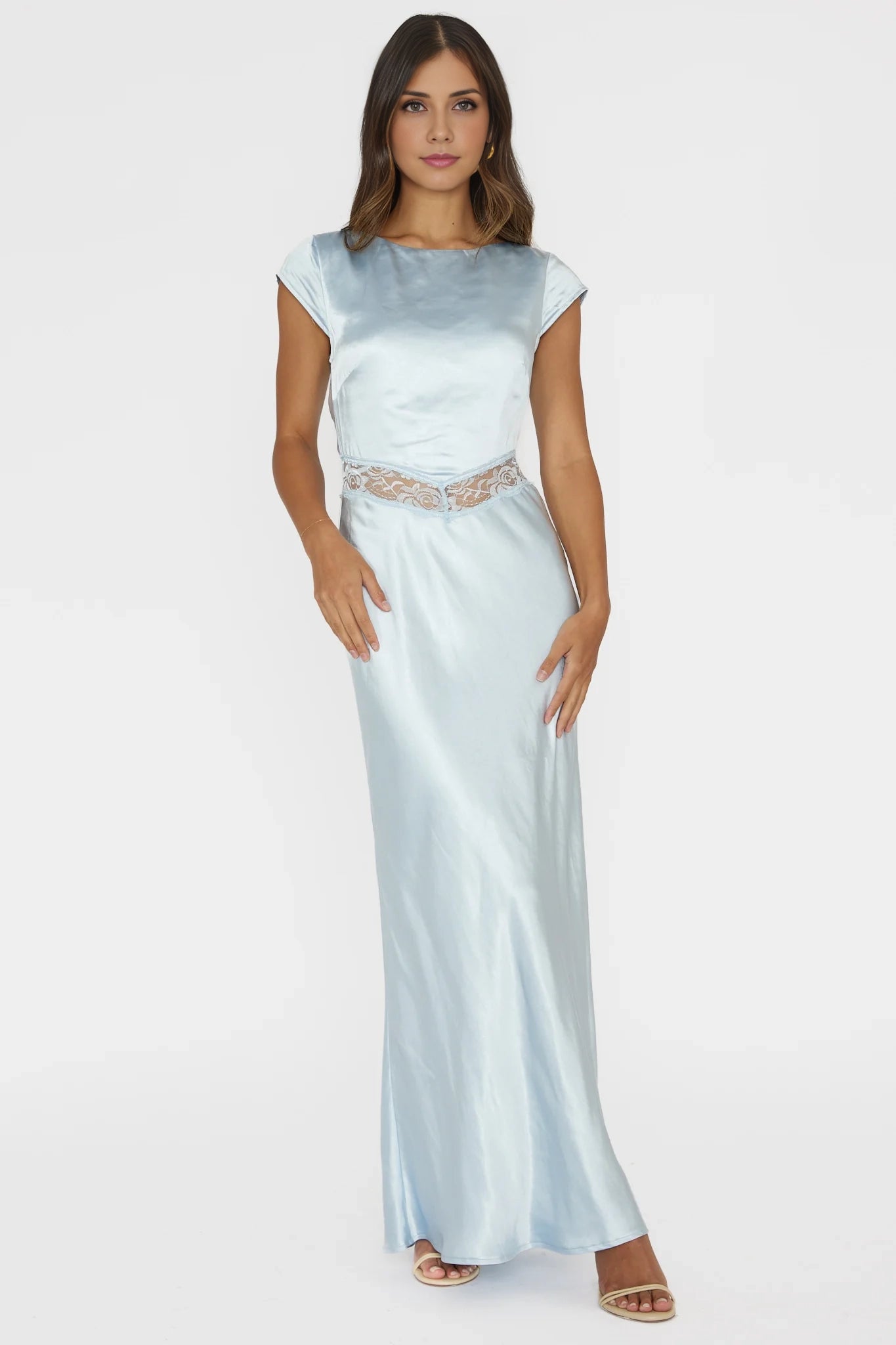 Beautiful satin super long unlined lace edge invisible zipper bridesmaid dress