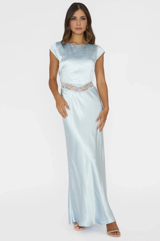 Beautiful satin super long unlined lace edge invisible zipper bridesmaid dress