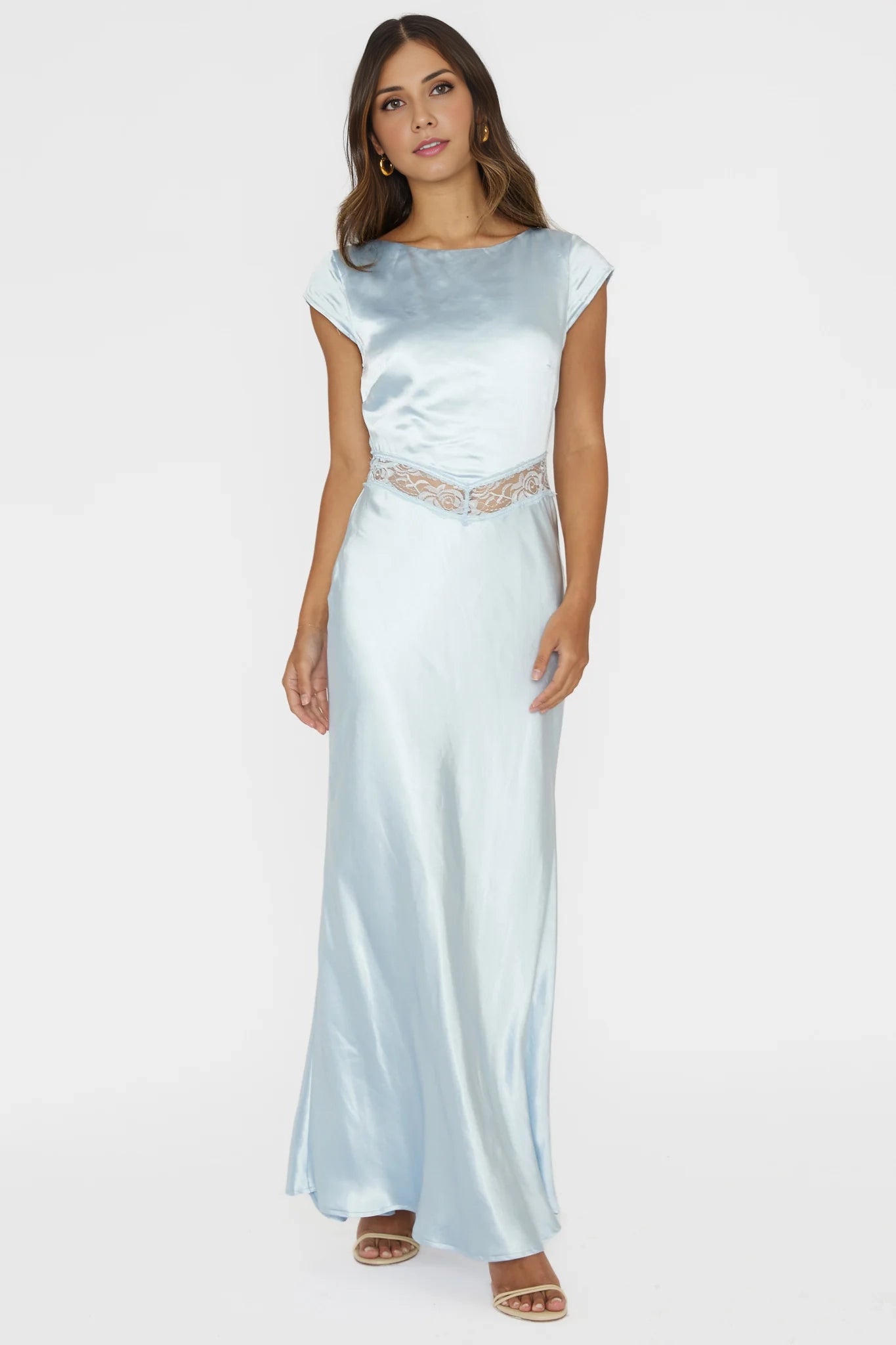 Beautiful satin super long unlined lace edge invisible zipper bridesmaid dress