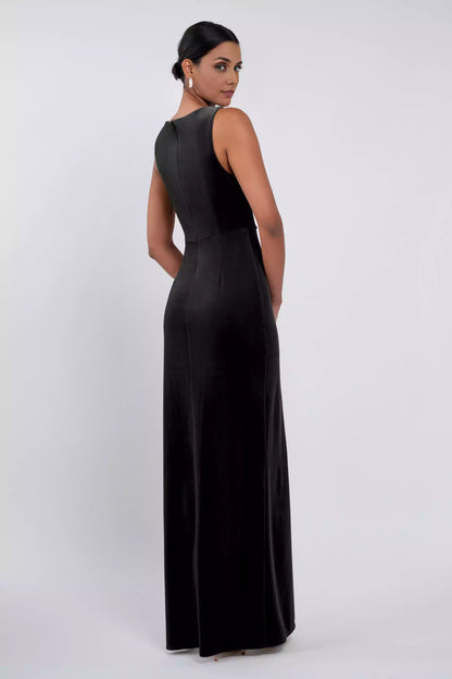 Beautiful velvet, elegant drape, fashionable high neck, mid waist, pleated tight corset, back mid zip Bridesmaid Dresses