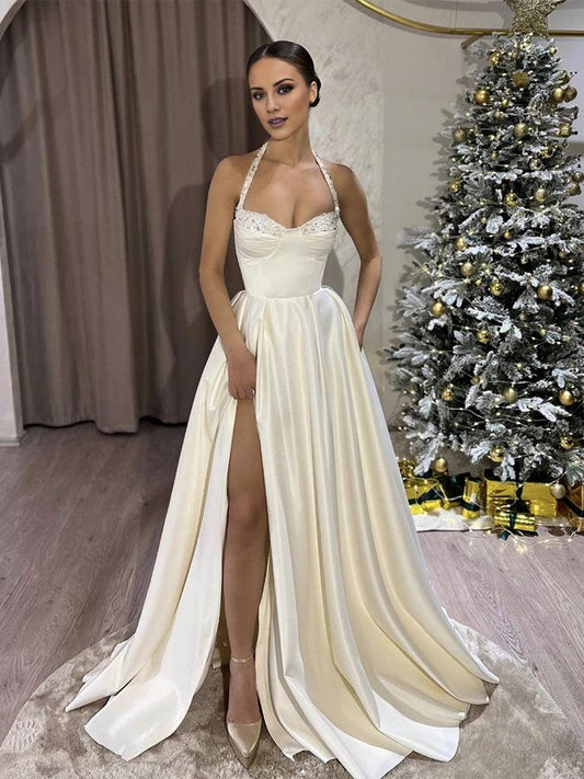 A-Line Sweetheart Neck Satin Beads Beige Long Prom Dress Beige Long Prom Dress