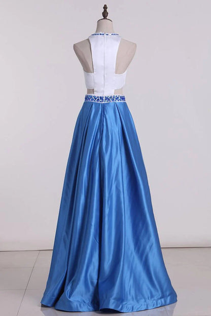Two tone hollowed out A-line banquet dress with satin and beaded sweeping skirt