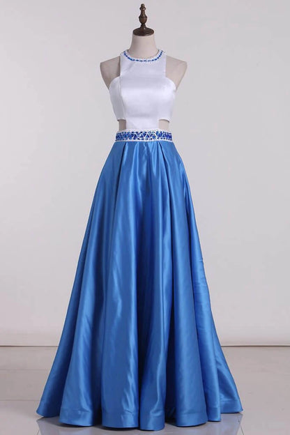 Two tone hollowed out A-line banquet dress with satin and beaded sweeping skirt
