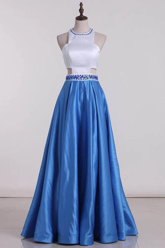 Two tone hollowed out A-line banquet dress with satin and beaded sweeping skirt