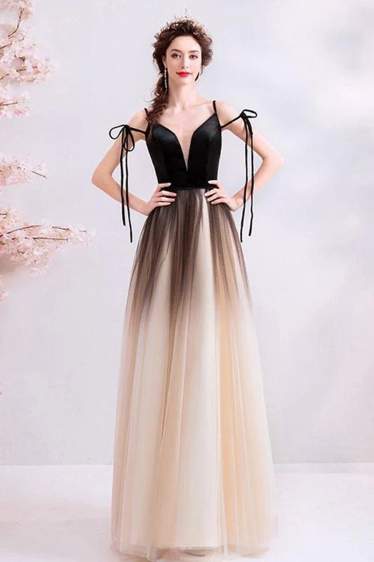 High end black deep V-neck sleeveless floor sweeping sheer ball dress