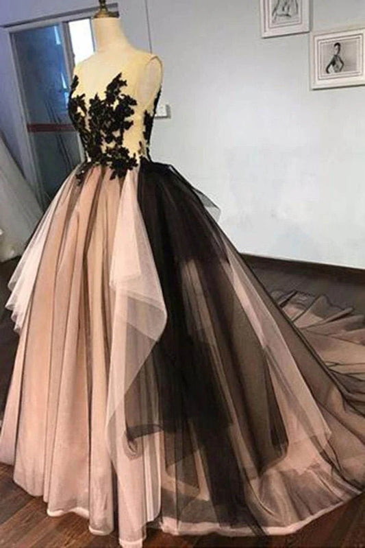 Black lace up V-neck A-line sheer formal ball dress long lace up ball dress