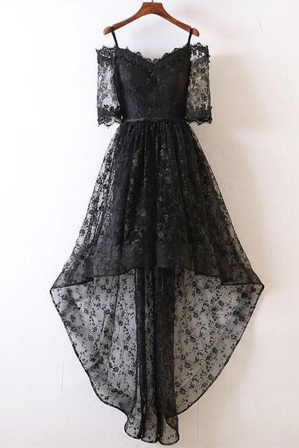 Black short-sleeved high-waisted encore lace applique Sweetheart PROM dress
