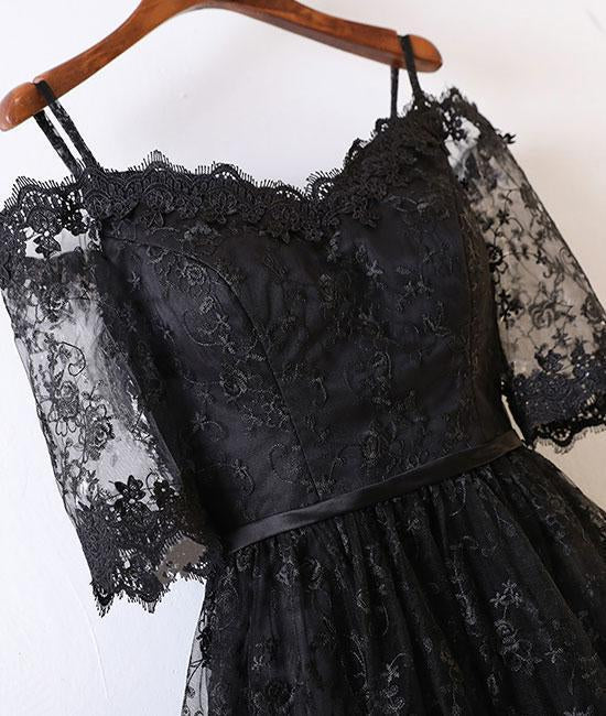 Black short-sleeved high-waisted encore lace applique Sweetheart PROM dress