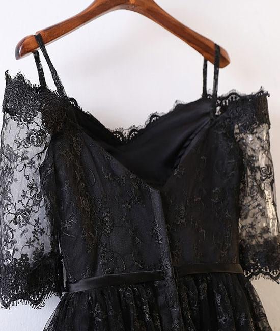 Black short-sleeved high-waisted encore lace applique Sweetheart PROM dress