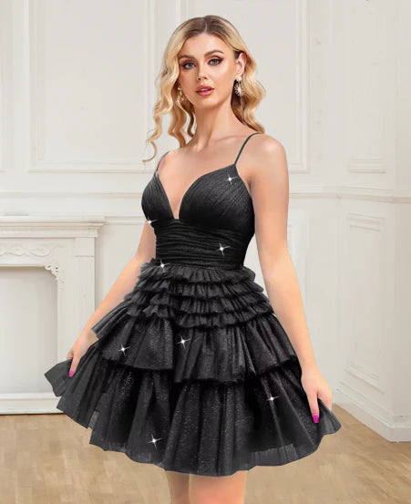 Black Spaghetti Straps V Neckline Short Homecoming Dresses Perfect Sweet  Dress