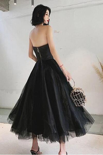 Black strapless sheer back to school dance party fluffy knee length formal dress