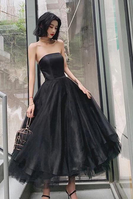 Black strapless sheer back to school dance party fluffy knee length formal dress