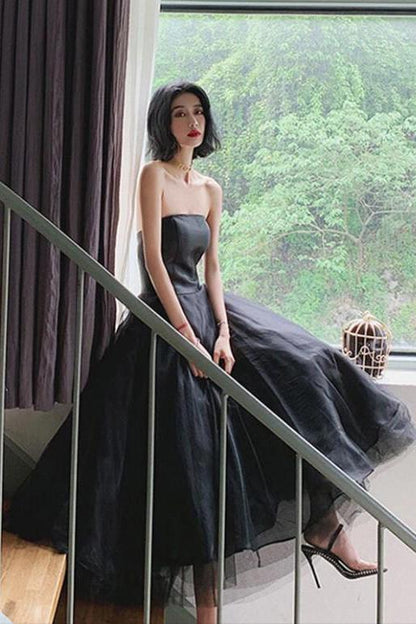 Black strapless sheer back to school dance party fluffy knee length formal dress