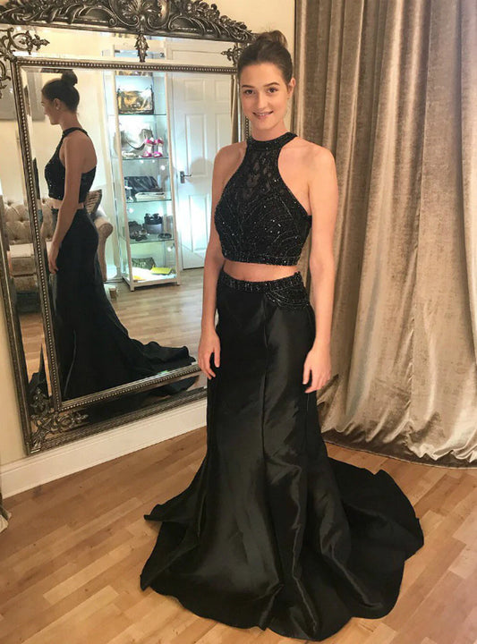High class black slim two-piece mermaid high neck powder blusher beaded prom dress