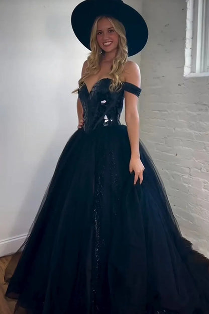 Elegant black A-line off shoulder mirror top with slit long sheer ball dress
