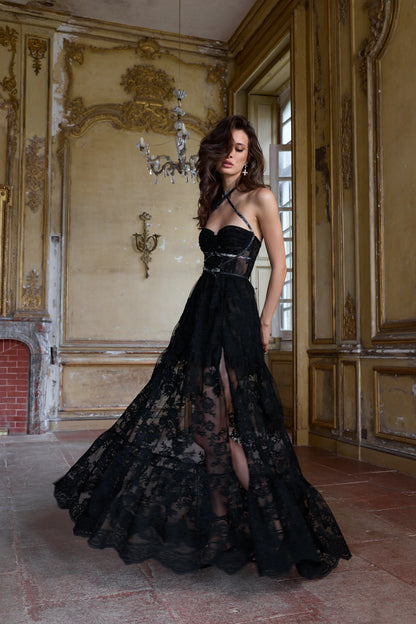 Black Lace Maxi Prom Dresses with Convertible Halter Neck Lace-Up Back Tiered Ruffle Skirt for Prom and Gothic Party
