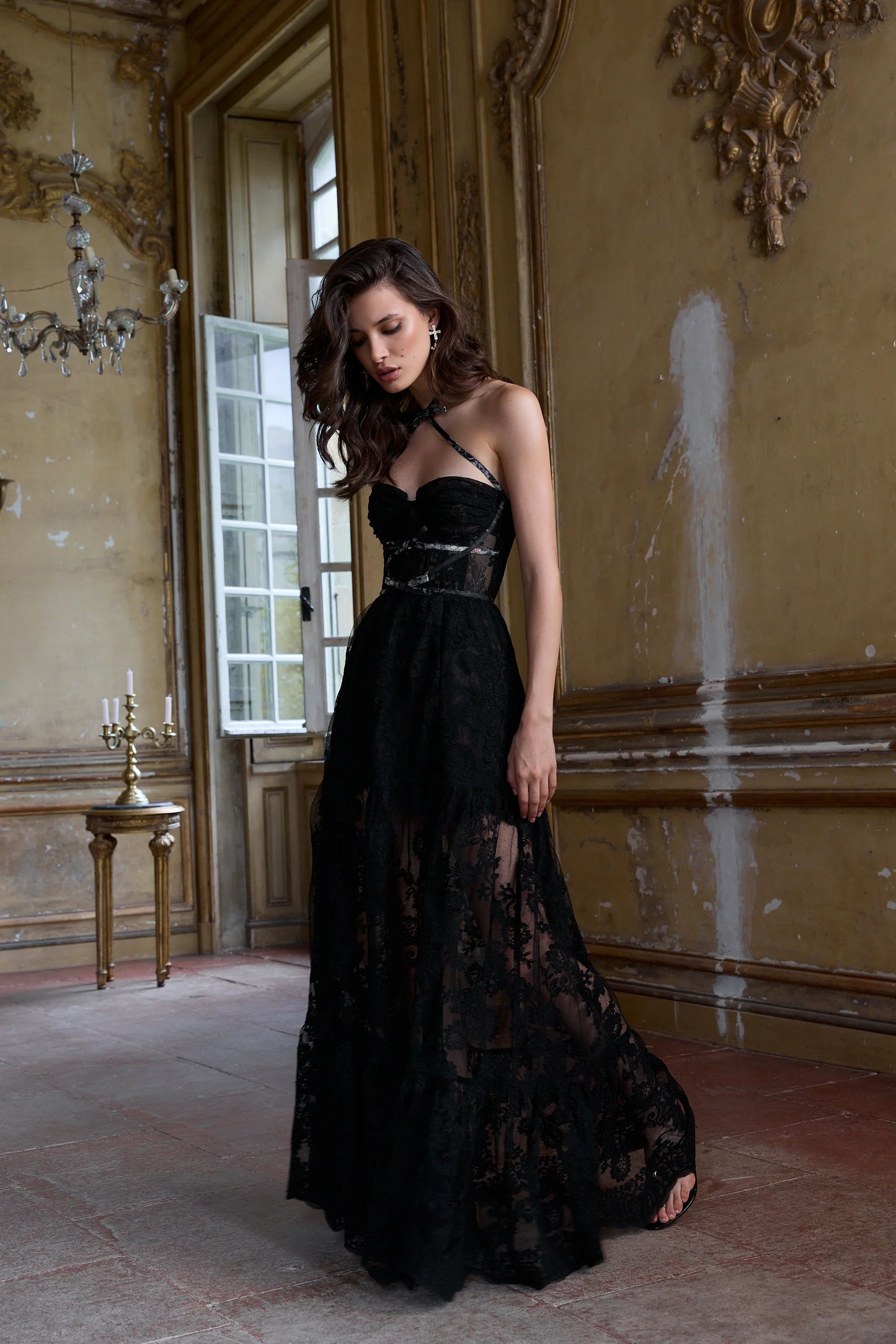 Black Lace Maxi Prom Dresses with Convertible Halter Neck Lace-Up Back Tiered Ruffle Skirt for Prom and Gothic Party