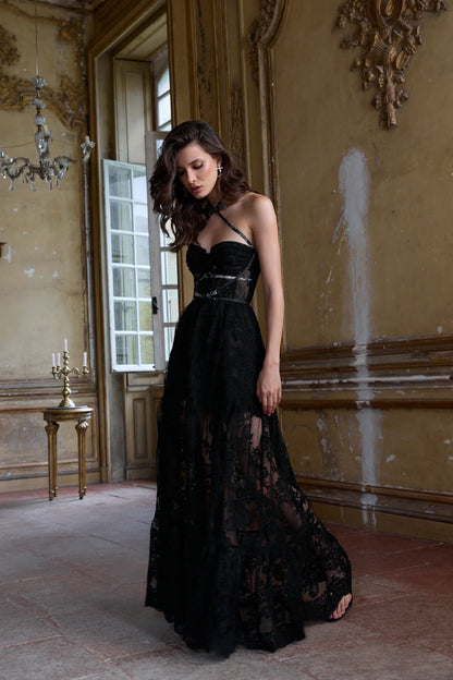 Black Lace Maxi Prom Dresses with Convertible Halter Neck Lace-Up Back Tiered Ruffle Skirt for Prom and Gothic Party