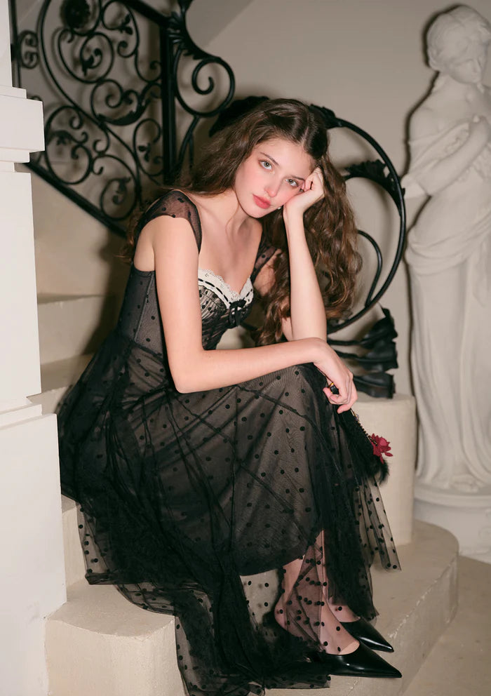 Black Polka Dot Tulle Midi Dresses with Off Shoulder Lace Trim Corset Bodice Invisible Back Zipper and Flared Skirt