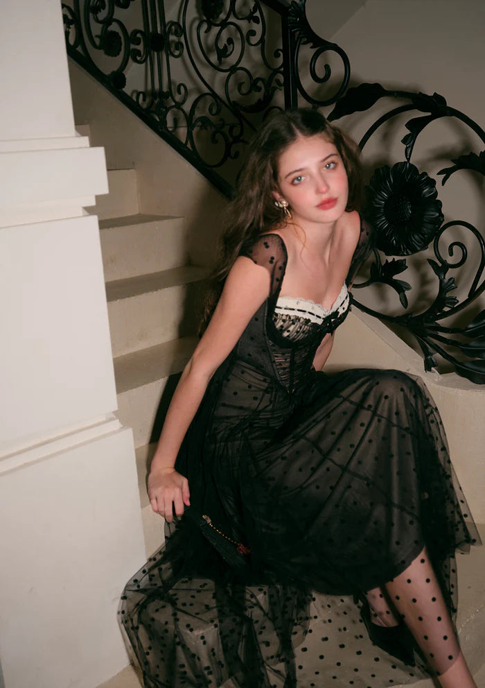 Black Polka Dot Tulle Midi Dresses with Off Shoulder Lace Trim Corset Bodice Invisible Back Zipper and Flared Skirt