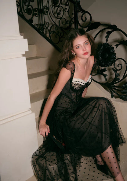Black Polka Dot Tulle Midi Dresses with Off Shoulder Lace Trim Corset Bodice Invisible Back Zipper and Flared Skirt