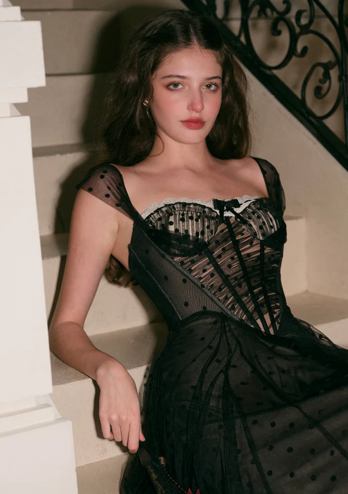 Black Polka Dot Tulle Midi Dresses with Off Shoulder Lace Trim Corset Bodice Invisible Back Zipper and Flared Skirt