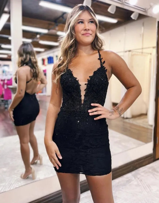 High end black spaghetti strap with cross back short tight fitting back to school party dress