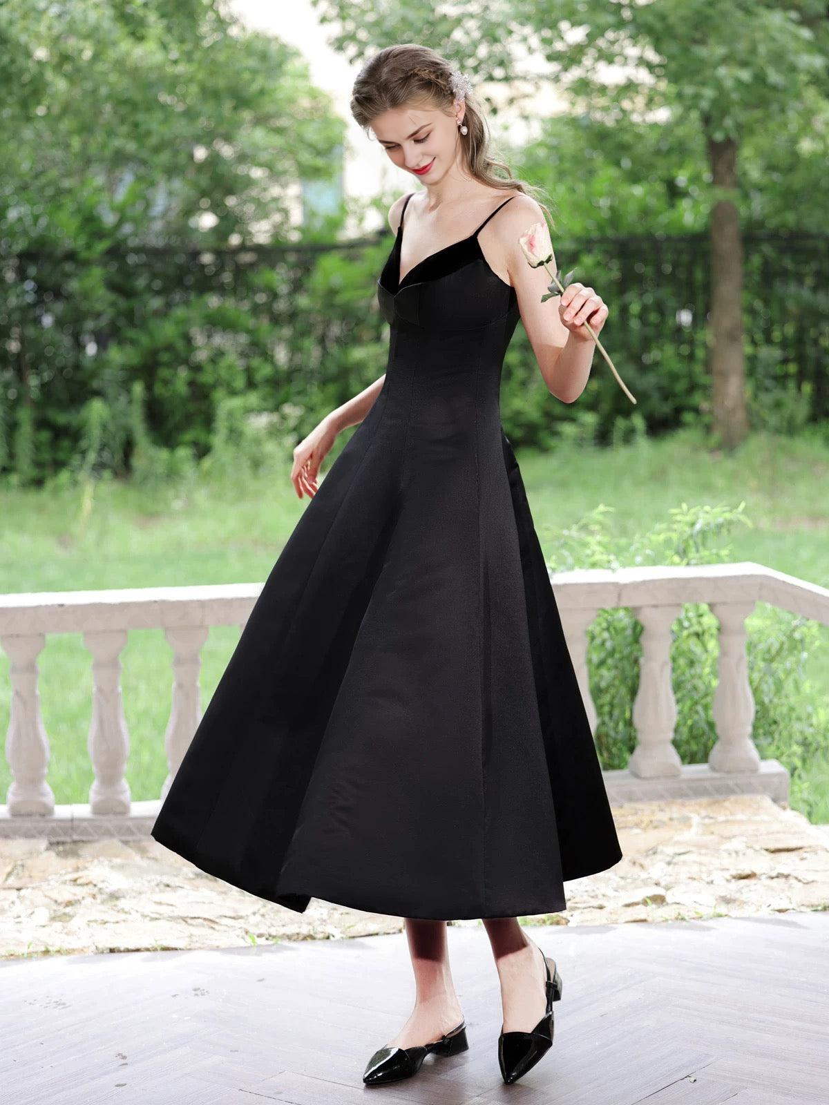 A-Line V Neck Tea Length Satin Black Prom Dress Black Prom Dress