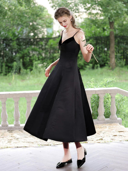 A-Line V Neck Tea Length Satin Black Prom Dress Black Prom Dress