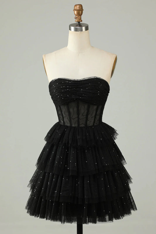 A Line Strapless Tiered Corset Homecoming Dress