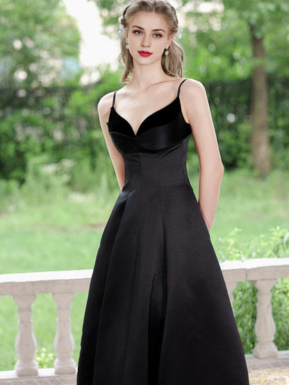 A-Line V Neck Tea Length Satin Black Prom Dress Black Prom Dress