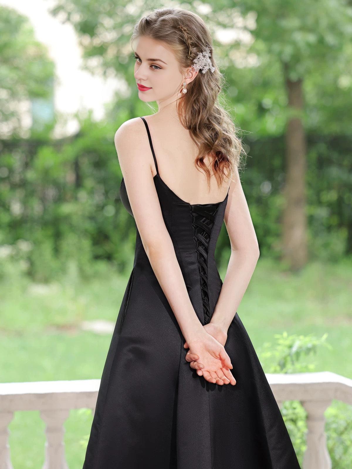 A-Line V Neck Tea Length Satin Black Prom Dress Black Prom Dress